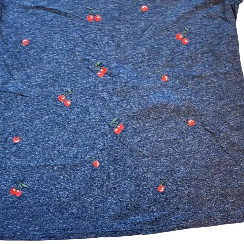 St Johns Bay Womens V-Neck Tee Size XL Blue Embroidered Cherries Short Sleeve